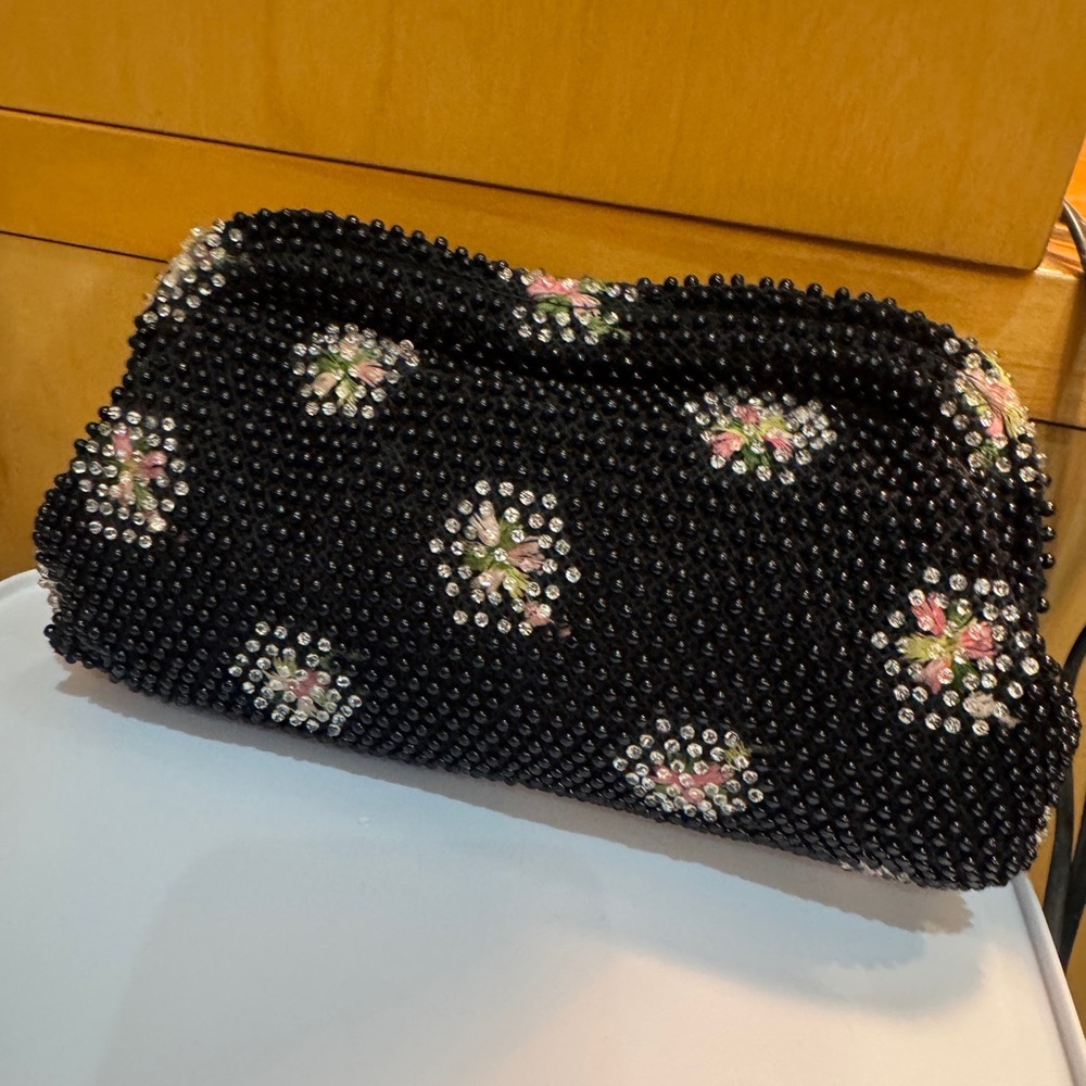 Black Beaded Floral Evening Clutch